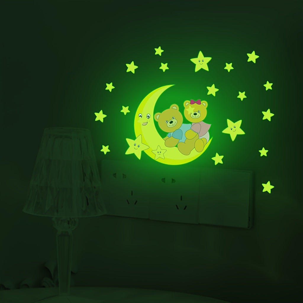 Glow-in-the-Dark Moon & Stars Bear Wall Decal - Removable PVC Sticker for Bedroom and Bathroom, 19.81cm x 19.81cm, Green