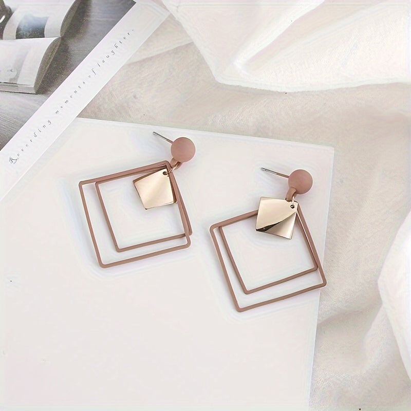 Elegant Geometric Hollow Quadrilateral Dangle Earrings - Stainless Steel Posts, Iron Crafted for Everyday & Gift Wear