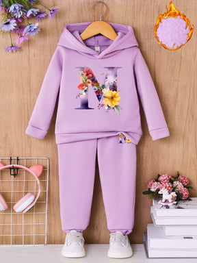 1 Set Kids' Alphabet Print Hoodie and Sweatpants Outfit - 100% Polyester Casual Fall/Winter Wear, Slight Stretch Raglan Long Sleeve Top with Floral Letter & Matching Long Pants, Loose Fit Knit Fabric for Children Under 12 - Ideal for Outdoor Activities