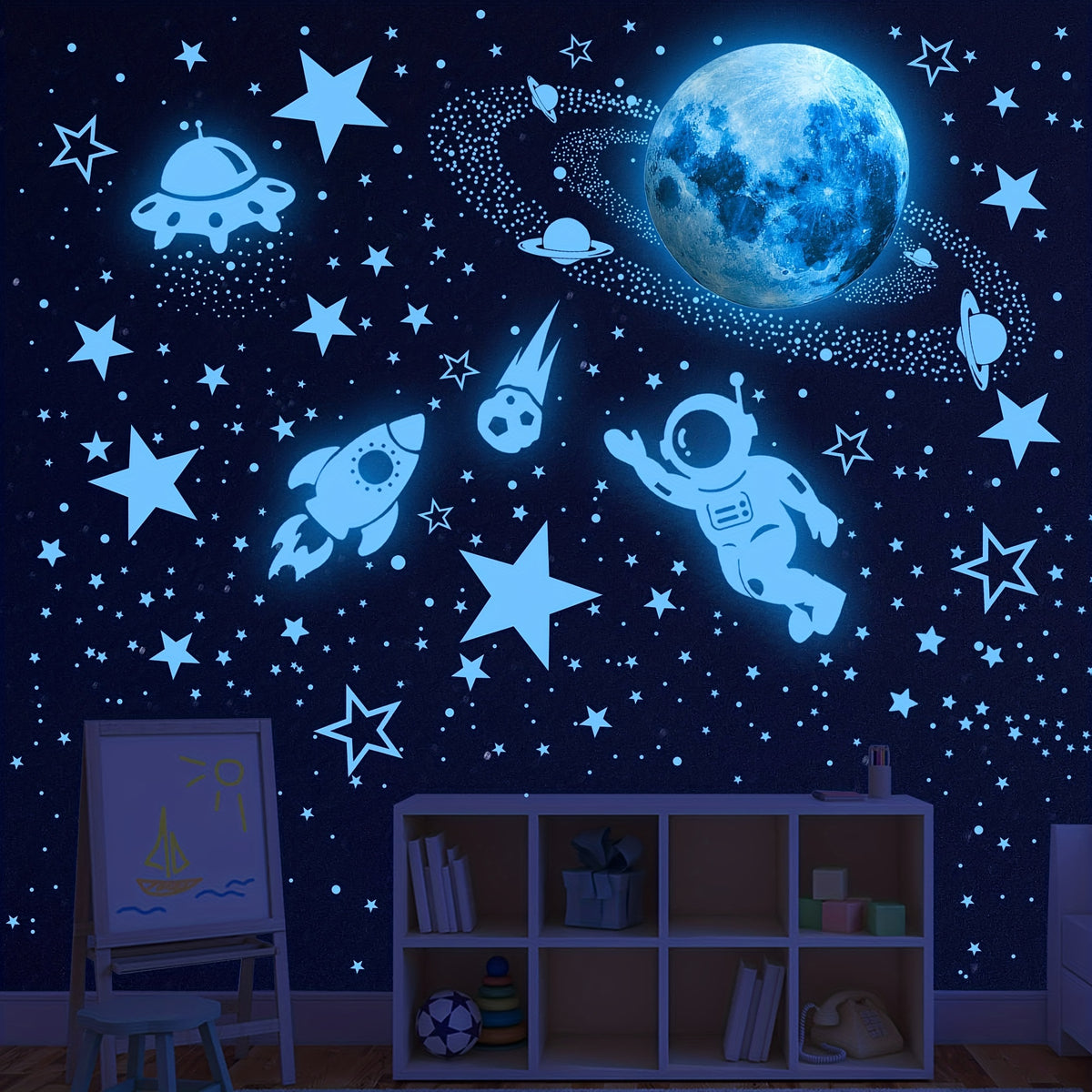 531pcs Glow In The Dark Stars And Planets Wall Stickers, Galaxy Astronaut Rocket Spaceship Alien Decoration, Planet Wall Decals, Bright Solar System Wall Stickers, Lane Spaceship Stars Blue