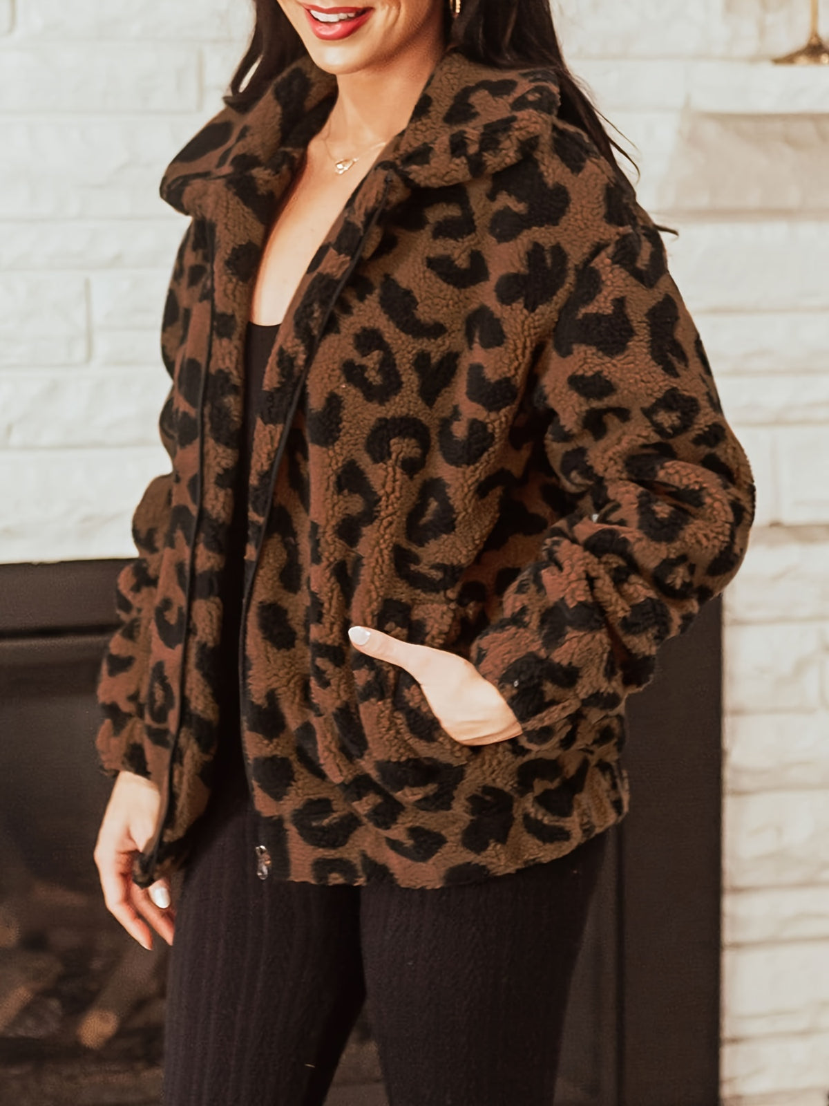 Women's Long Sleeve Faux Fur Coat, Elegant Leopard Print, Zippered, Knit, Versatile Outerwear for All Seasons, Adult Size