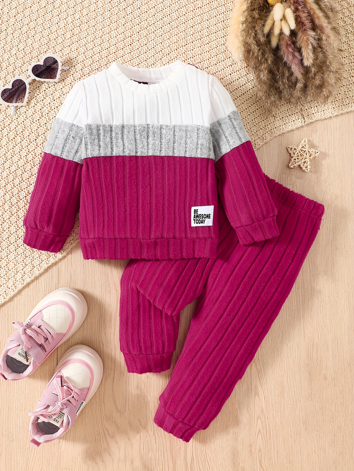 Casual Color Block Long Sleeve Top and Pants Set for Girls, Polyester Spandex Blend, Comfort Fit Layette for Fall/Winter - Ages 12 and Under, for Outdoor