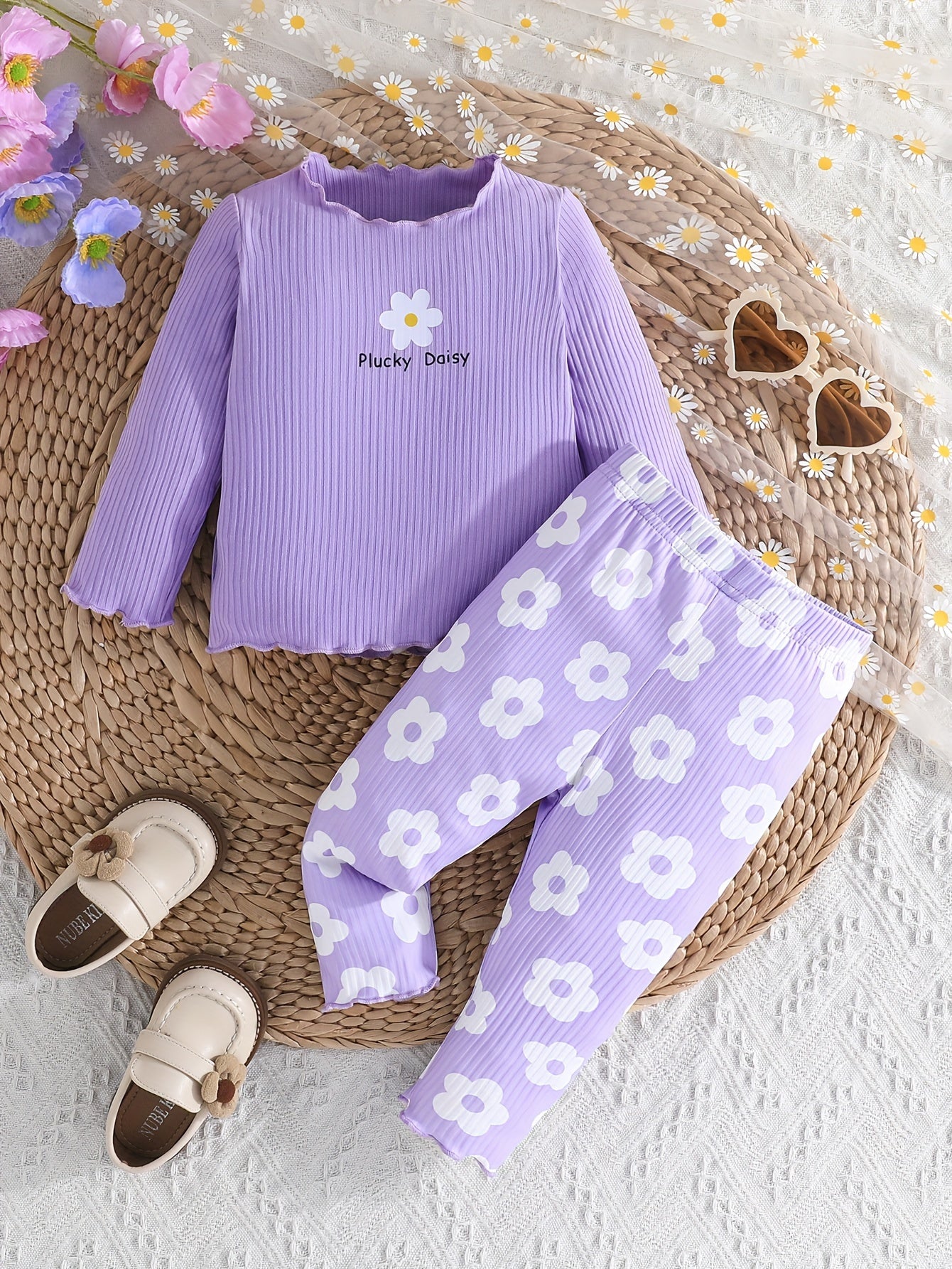 2-piece Baby's Flower Print Ribbed Long Sleeve Top + Casual Pants, Toddler & Infant Girl's Clothing Set Outdoor