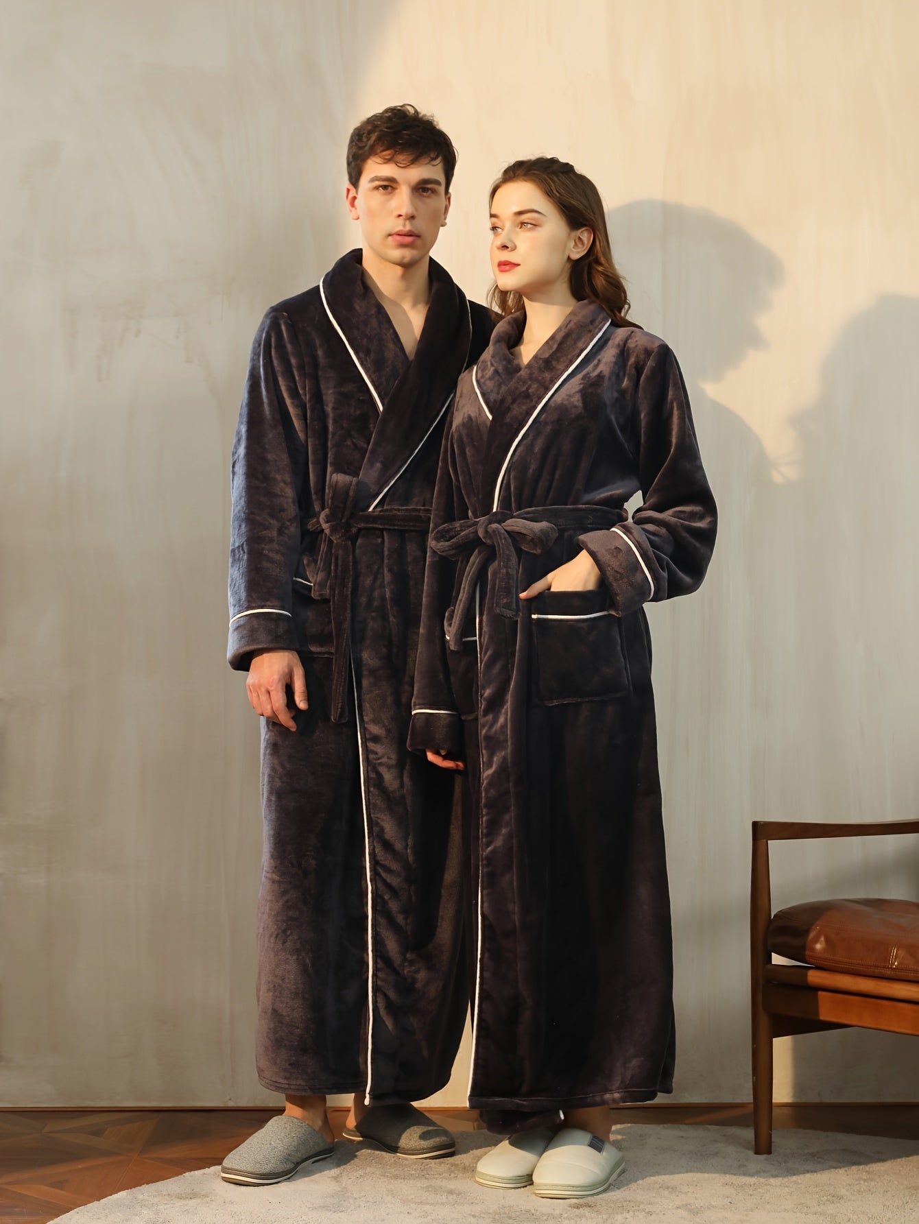 Autumn Winter Warm Long Thick Robe, Men's Simple Shawl Bathrobe With Double Side Pockets, V Neck Long Sleeve Sleepwear