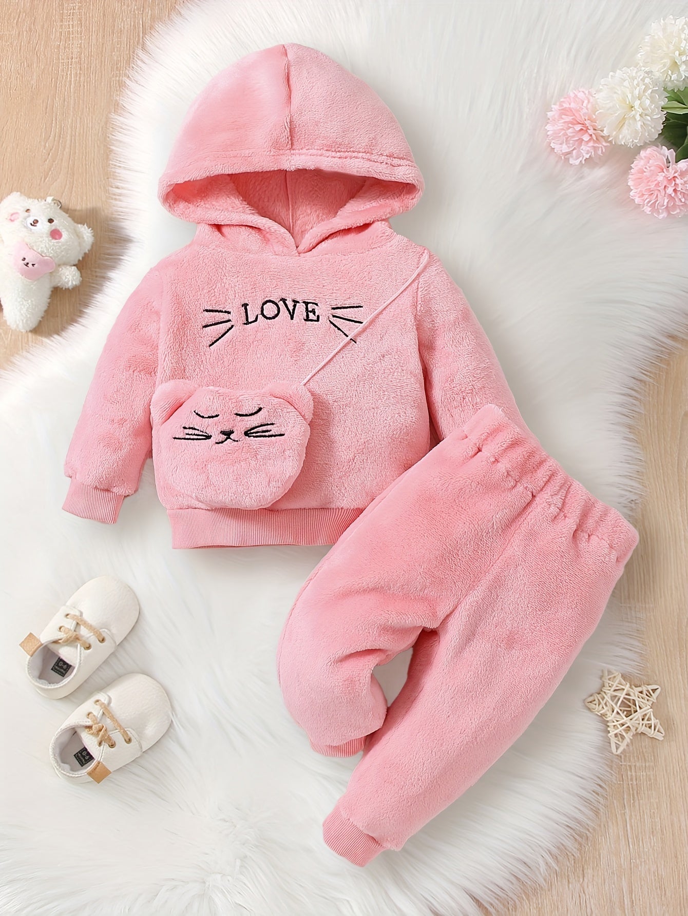 2-piece Baby's LOVE Embroidery Warm Fuzzy Hoodie + Cute Bear Bag + Casual Pants, Toddler & Infant Girl's Outdoor Clothing Set For Fall Winter