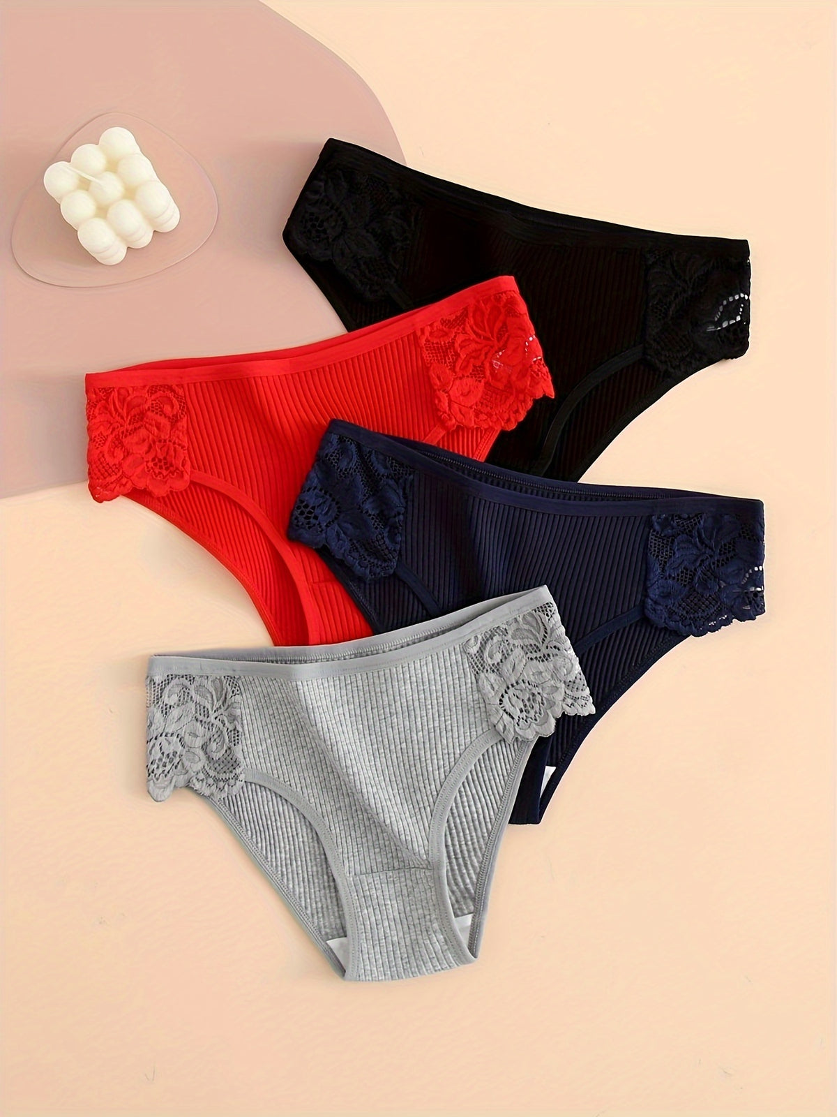 4pcs Contrast Lace Briefs, Comfy & Breathable Ribbed Stretchy Panties, Women's Lingerie & Underwear