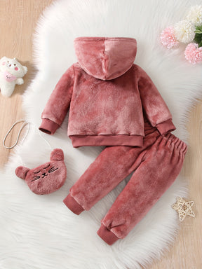 2-piece Baby's LOVE Embroidery Warm Fuzzy Hoodie + Cute Bear Bag + Casual Pants, Toddler & Infant Girl's Outdoor Clothing Set For Fall Winter