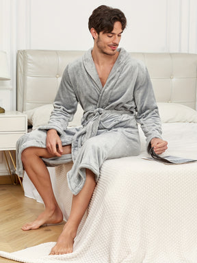 Autumn Winter Warm Long Thick Robe, Men's Simple Shawl Bathrobe With Double Side Pockets, V Neck Long Sleeve Sleepwear