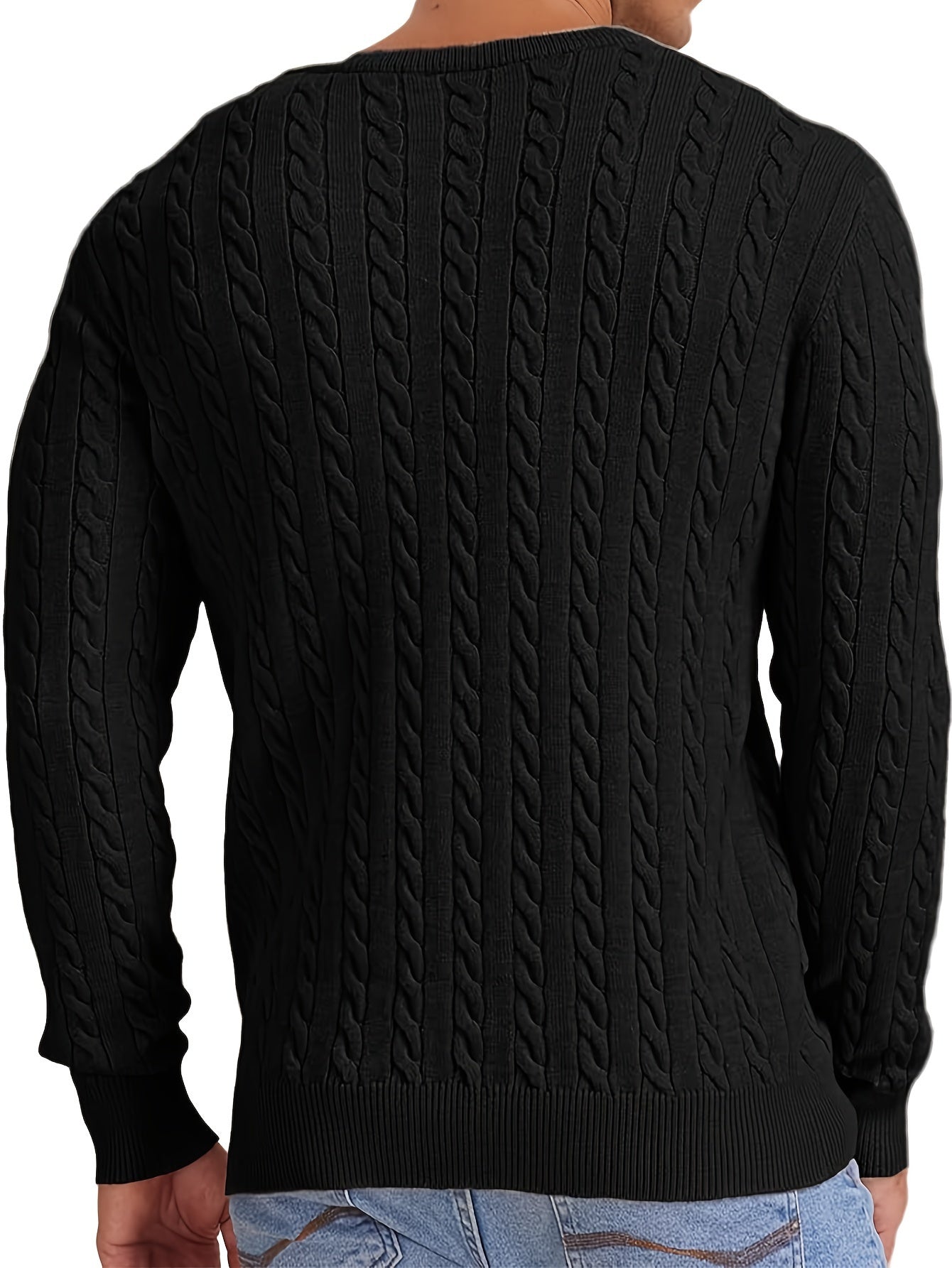 Men's 2024 New Fashion Crew Neck Knit Sweater, Viscose Blend Pullover With Cable Details, Regular Fit, Warm And Comfortable Top, Outdoor Cloth