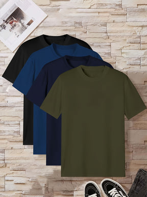 4 Pcs Of Men's Simple Style Casual Solid Color Tees, Comfy Short Sleeve Crew Neck T-shirt Home Pajamas Top Men's Summer Outdoor Clothing