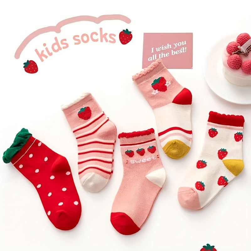 5 Pairs of Mixed Color Children's Socks, Strawberry Style. Selected Fabrics are Comfortable and Breathable, High-grade Knitted Fabrics, Quality Guaranteed, Versatile Colors Suitable for All Places, The Best Gift for Children, Elastic Socks