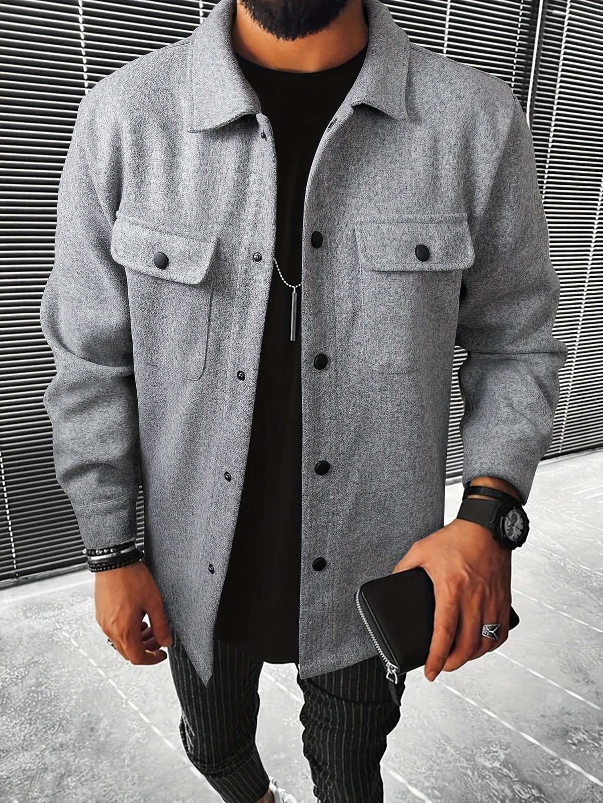 Men's Casual Flap Pocket Jacket, Chic Button Up Mature Coat For Fall Winter