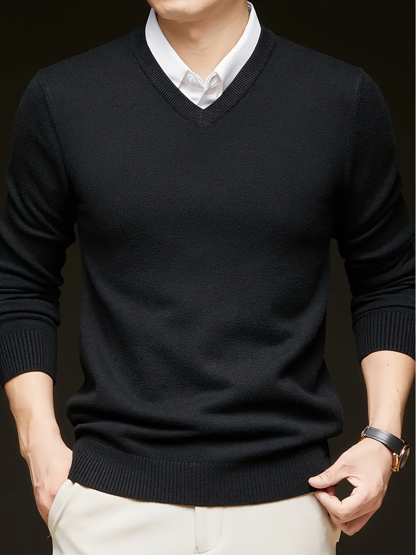 Men'S V-Neck Pullover Sweater, Rayon Blend Knitwear, Solid Color, Long Sleeve, Regular Fit, Stretch Fabric, for Daily & Casual Wear