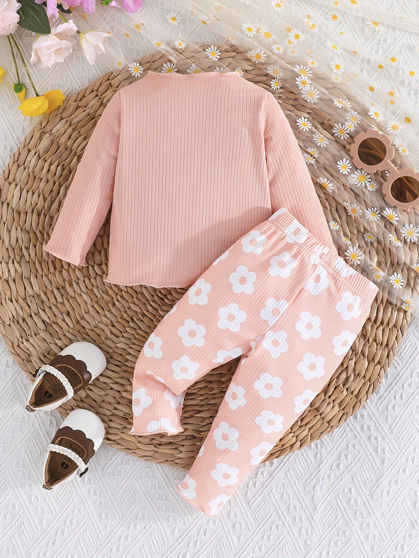 2-piece Baby's Flower Print Ribbed Long Sleeve Top + Casual Pants, Toddler & Infant Girl's Clothing Set Outdoor