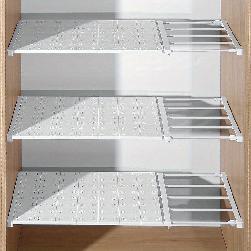 3-Pack White Plastic Adjustable Storage Dividers - Freestanding, No-Drill, Space-Saving Retractable Shelf Organizers for Closet, Kitchen & Bathroom, Independent System with <3.2 Cu Ft Capacity