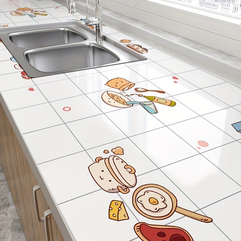 1 Roll Cartoon Kitchen Theme Pattern Wallpaper, Waterproof Oil Proof Removable Self-Adhesive Contact Paper For Living Room, Kitchen, Bedroom, Home And Dormitory Furniture Decoration, 100.0cm * 59.99cm