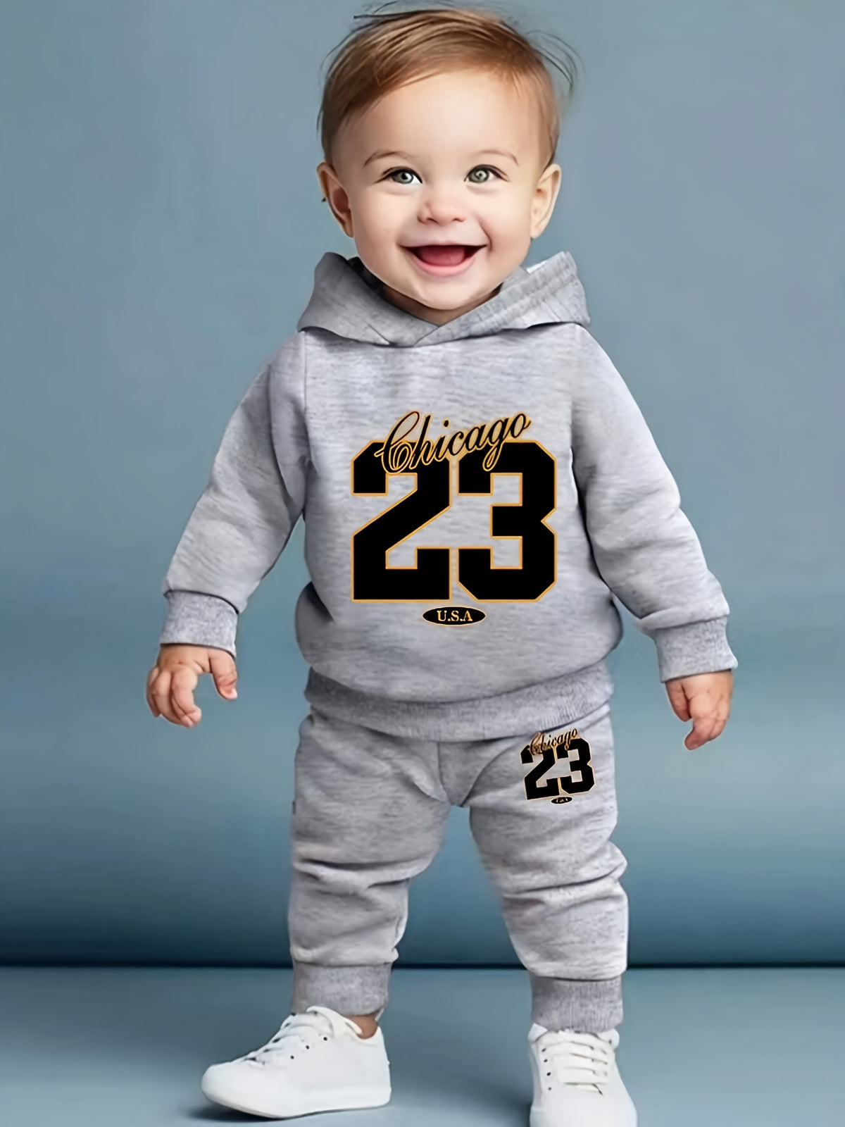 Baby Boy's Autumn And Winter Chicago 23 Print Hooded Sweatshirt + Pants Outdoor Set, 2pcs Comfy Trendy Outfits For For Outdoor Play And Daily Life