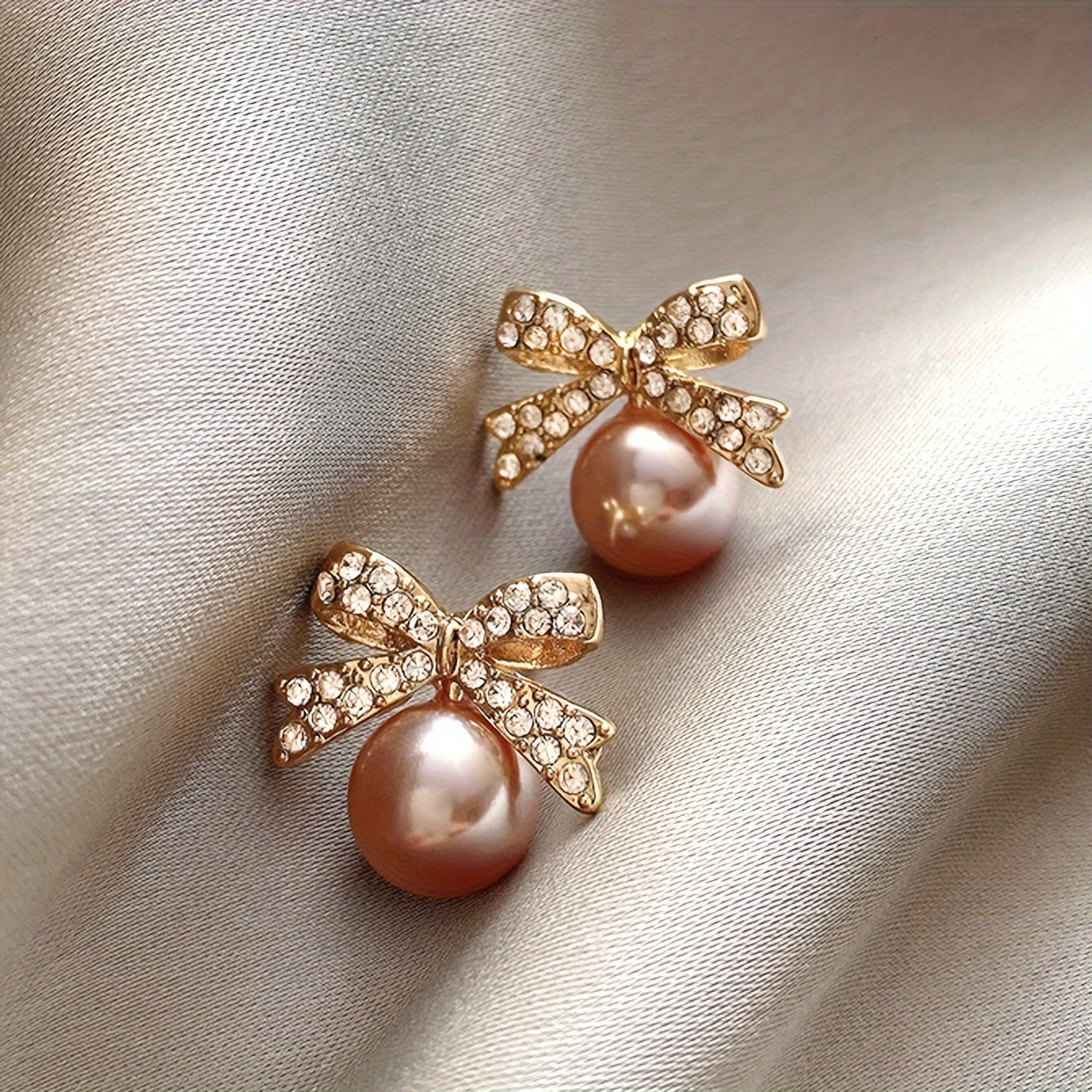 Delicate Bow With Imitation Pearl Design Stud Earrings Alloy Jewelry Embellished With Rhinestones Vintage Elegant Style Dating Earrings