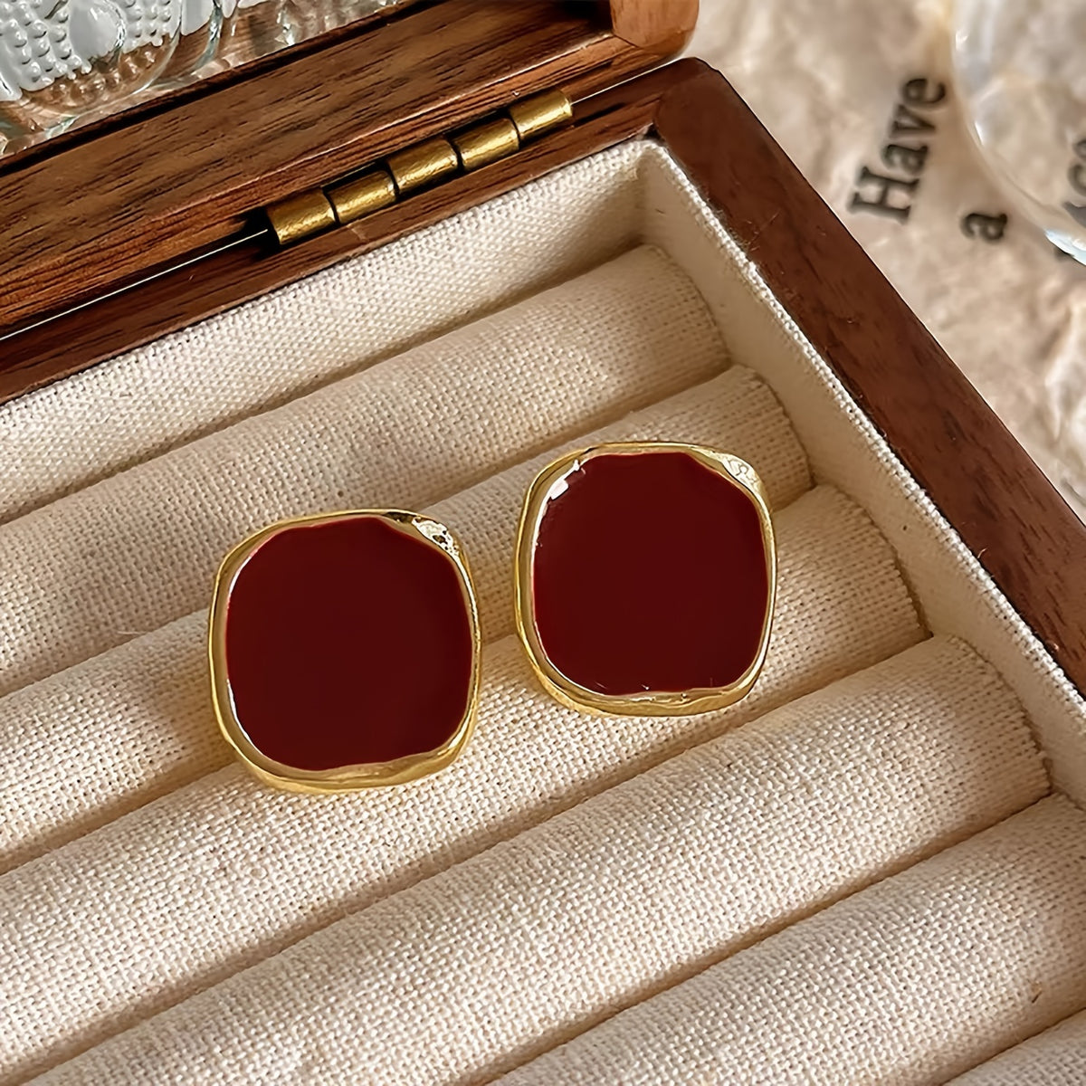 Elegant French Vintage-Inspired Red Square Stud Earrings for Women - Perfect for Parties & Celebrations, Zinc Alloy with Copper Posts