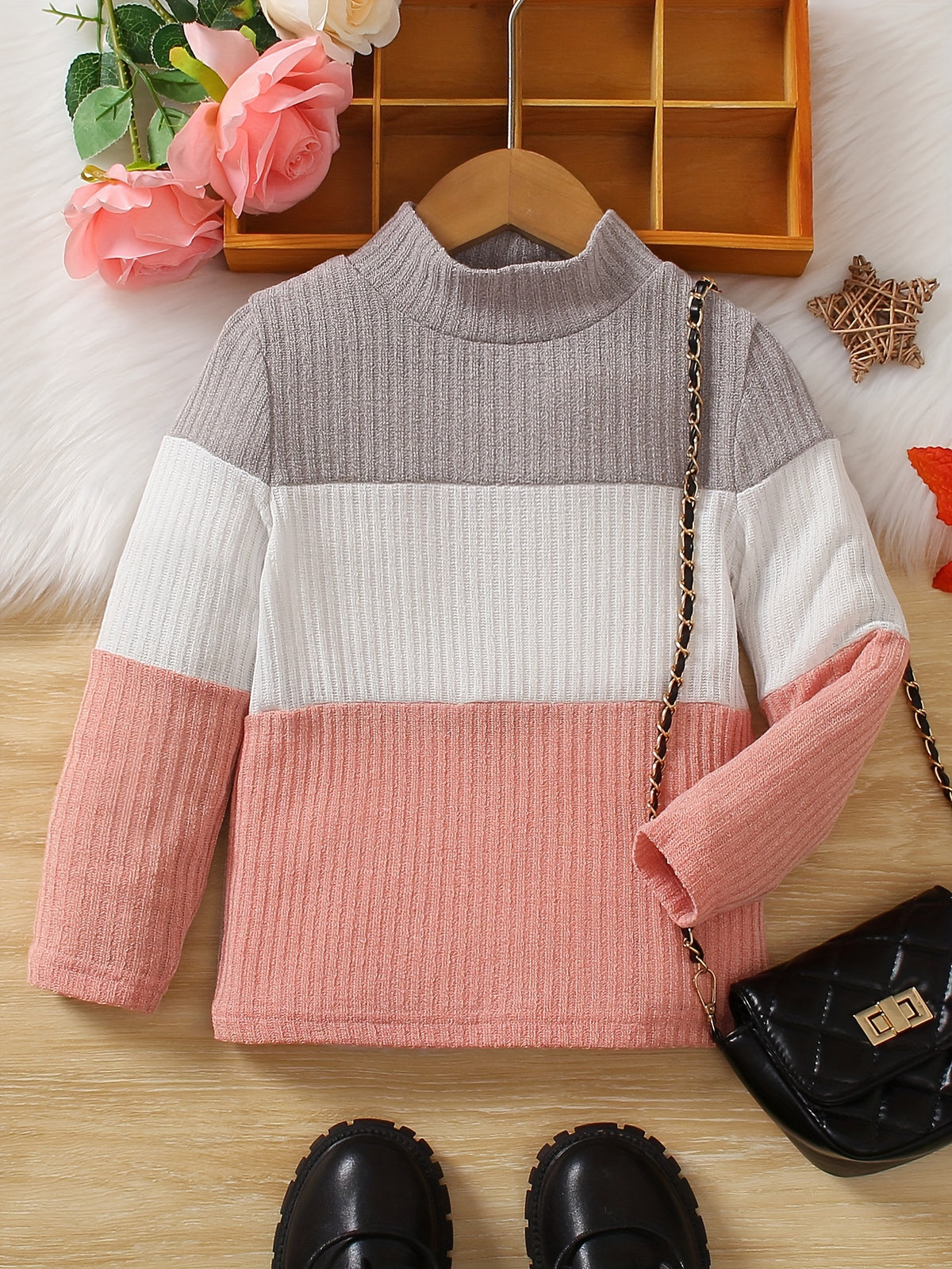 Girls' Lightweight Color Block Turtleneck Sweater - Casual Knit Pullover for Spring & Fall, Stretchy Polyester Blend, Sweaters for Girls