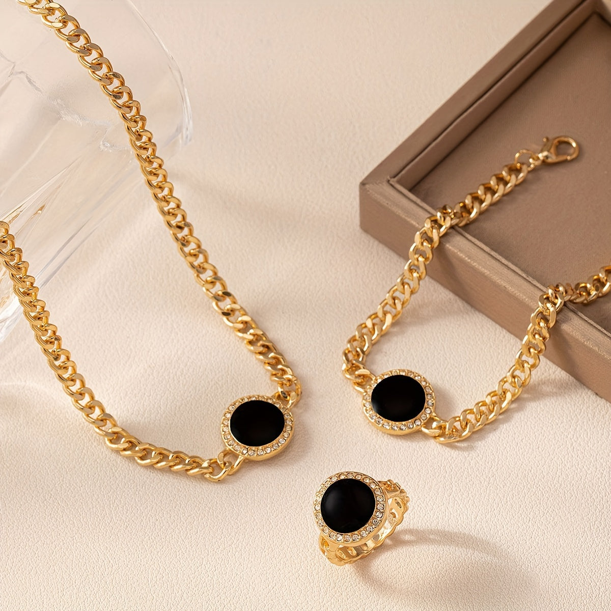 A set of simple and elegant black round necklace, ring, bracelet, three-piece set