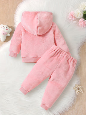 2-piece Baby's LOVE Embroidery Warm Fuzzy Hoodie + Cute Bear Bag + Casual Pants, Toddler & Infant Girl's Outdoor Clothing Set For Fall Winter