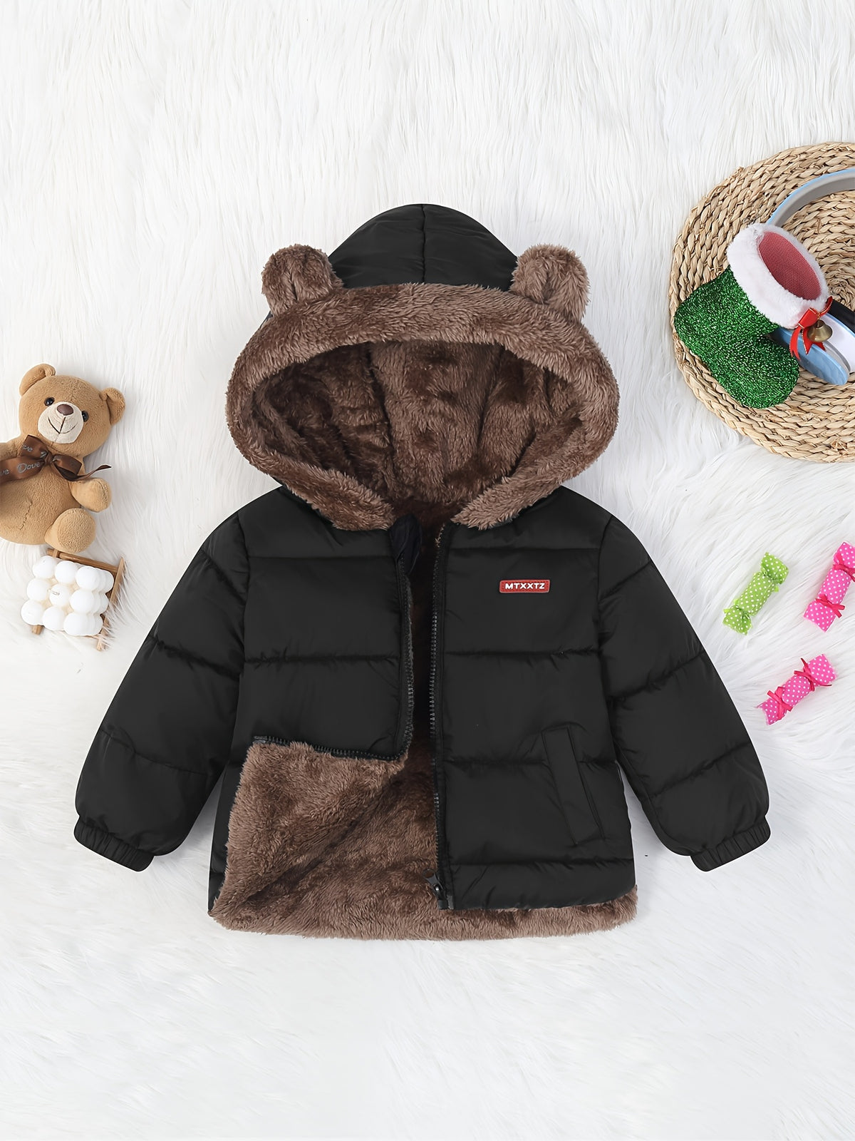 Adorable Bear Ears Hooded Fleece Jacket for Boys 0-3 Years - Cozy & Warm Winter Outerwear, Zip-Up, Long Sleeve