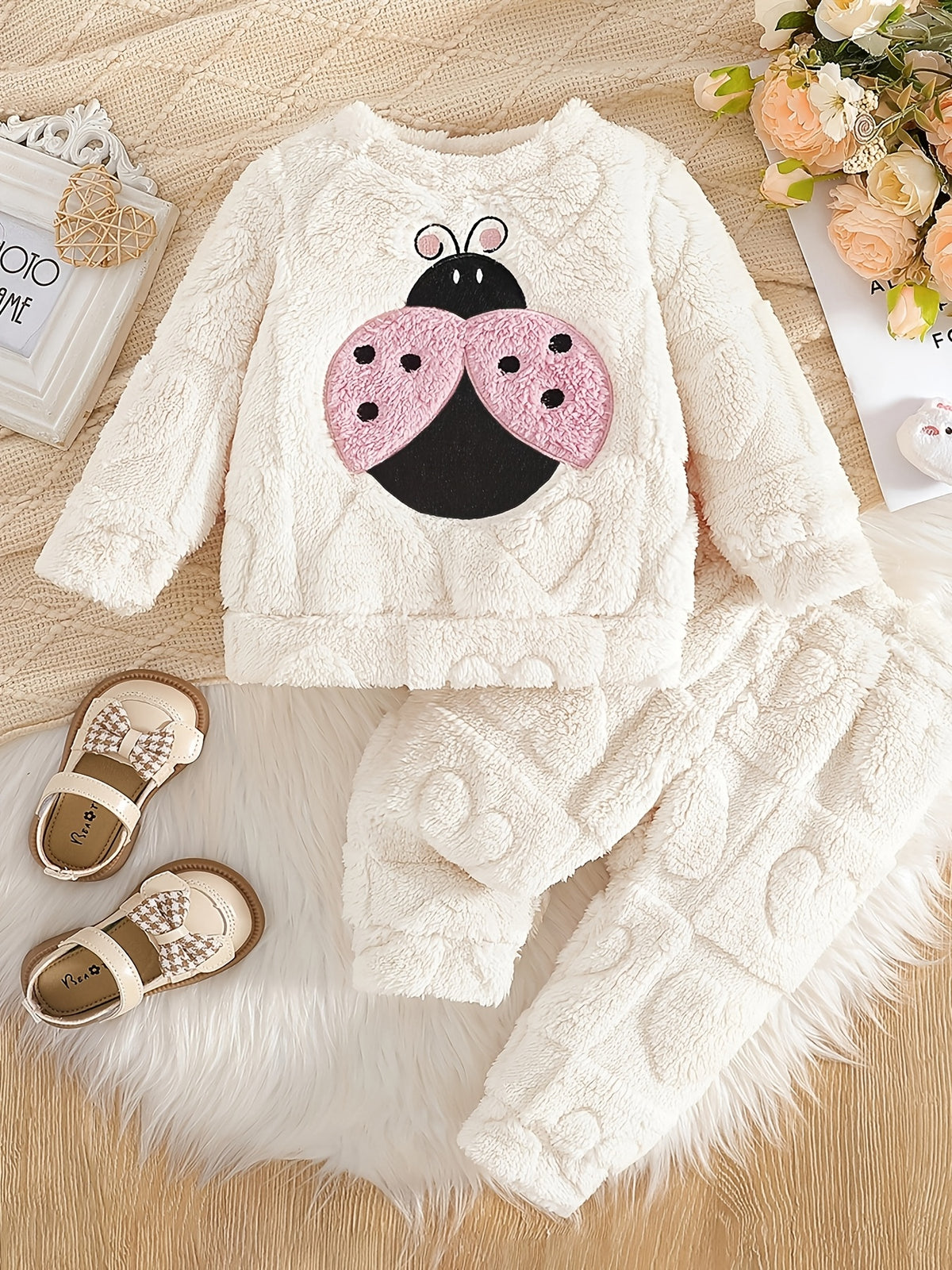 Cute Cartoon Ladybug Embroidered Sweatshirt and Pants Set for Toddler Girls - Autumn/Winter Polyester Fiber, Elastic Microfiber, Normal Fit, 100% Polyester, for Outdoor