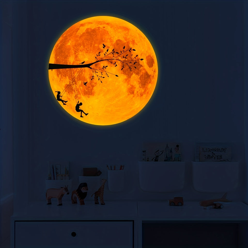 Glow-in-the-Dark Pink Moon & Branch Swing Wall Decal - Cartoon Fantasy PVC Sticker for Youngsters's Bedroom, Living Space, and Early Learning Center