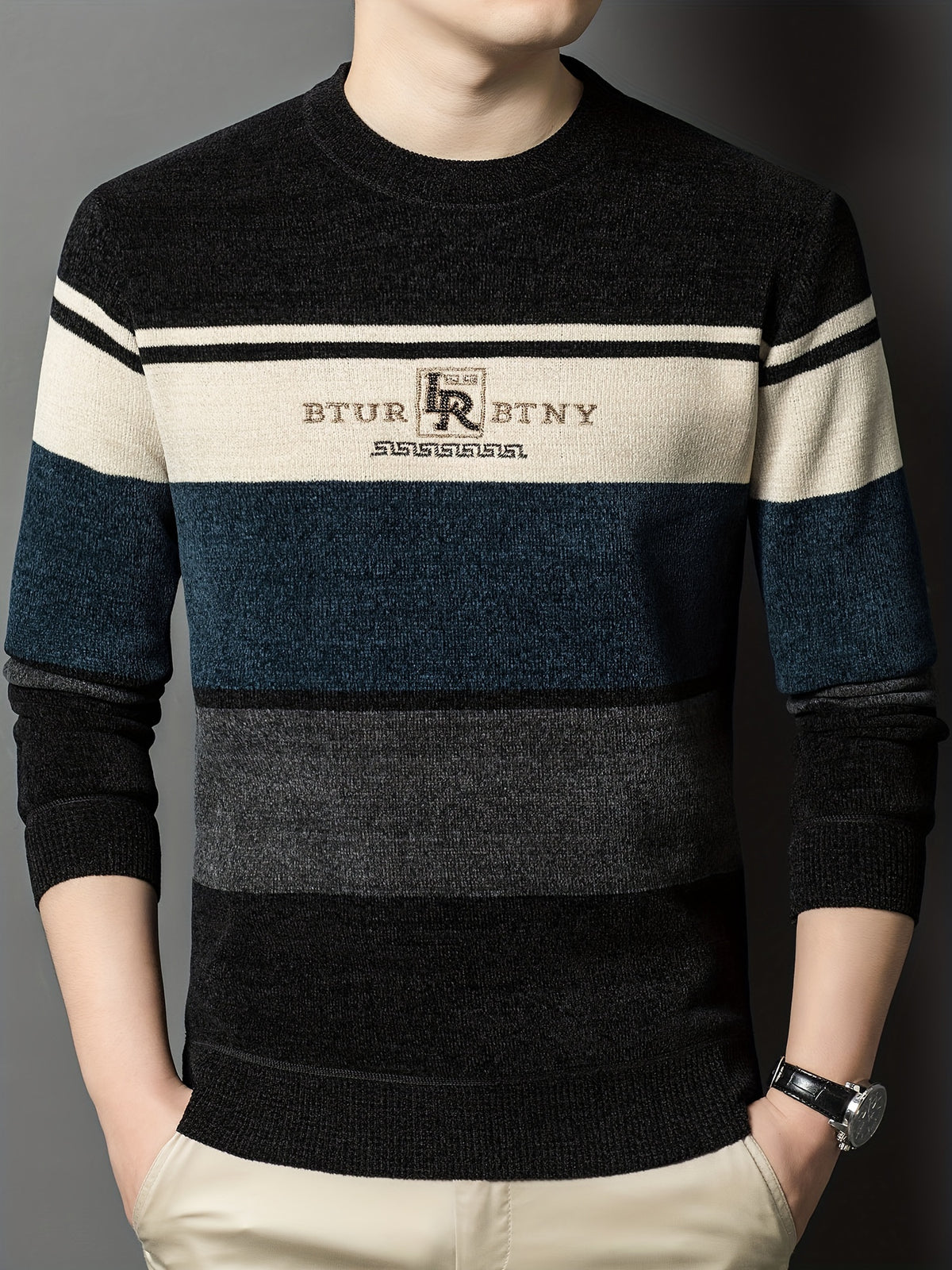 Men'S Winter Striped Crew Neck Sweater, Thickened Polyester, Casual Round Neck, Regular Fit, Long Sleeve, Knitted Pullover with Ribbed Hem and Cuffs, Fashionable Letter Pattern, Winter Warmth Top