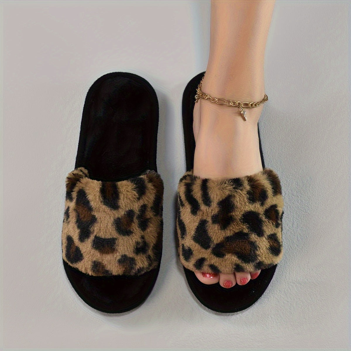 Leopard Print Plush Slippers For Women, Cozy & Warm Open Toe Soft Sole Shoes, Comfy Indoor Floor Fuzzy Slippers