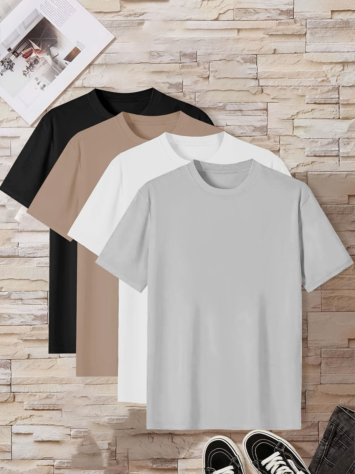 4 Pcs Of Men's Simple Style Casual Solid Color Tees, Comfy Short Sleeve Crew Neck T-shirt Home Pajamas Top Men's Summer Outdoor Clothing