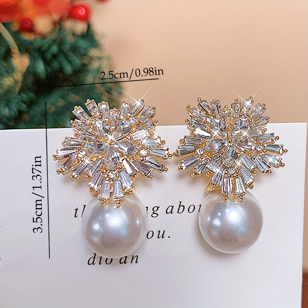 1 Pair of Luxurious Imitation Pearl & Rhinestone Snowflake Earrings - Sparkling, Stainless Steel Posts, Ideal for Summer Parties & Beach Vacations