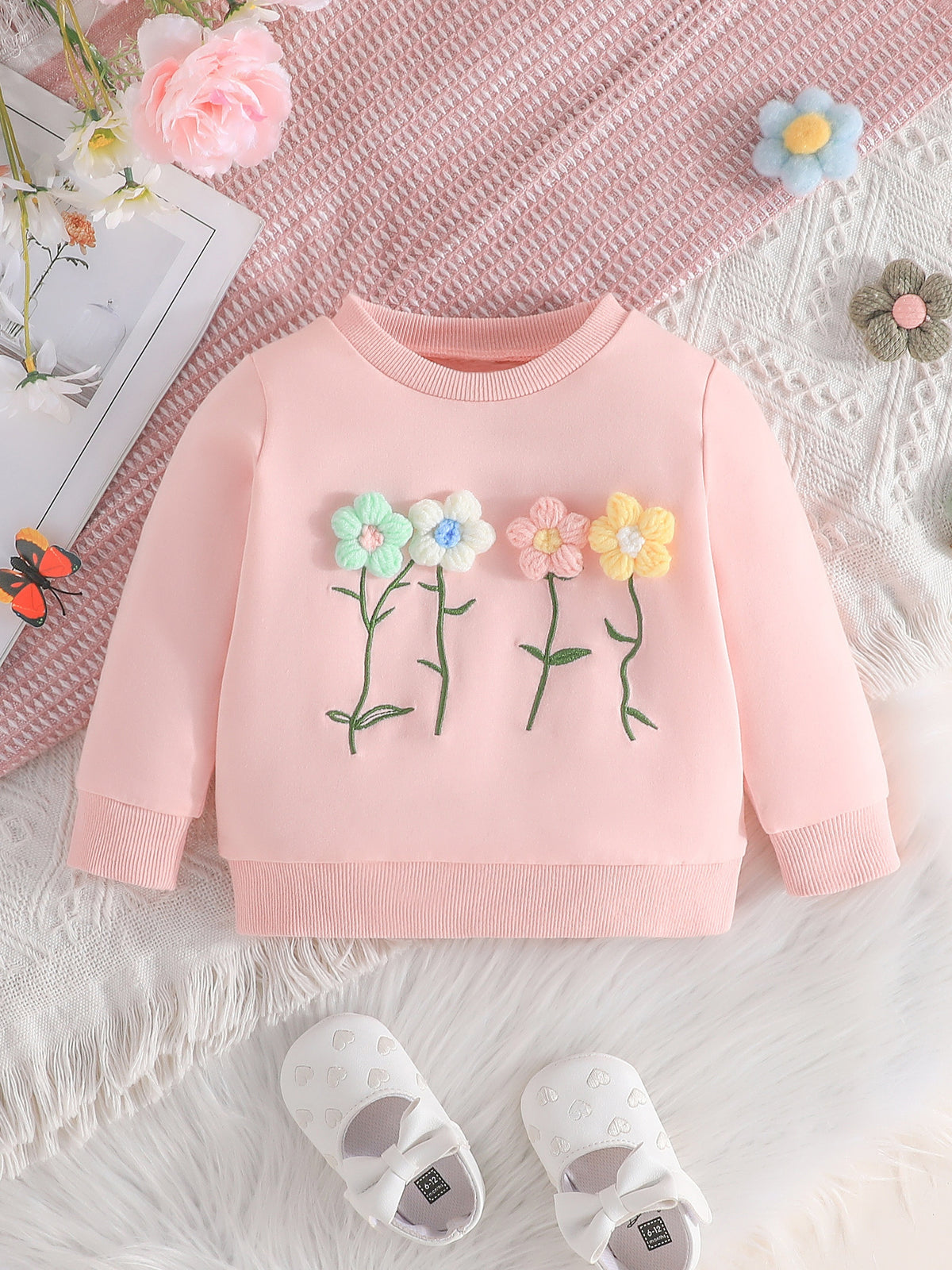 Baby Girls Long Sleeve Flower Embroidered Round Neck Casual Pullover Top For Spring And Autumn