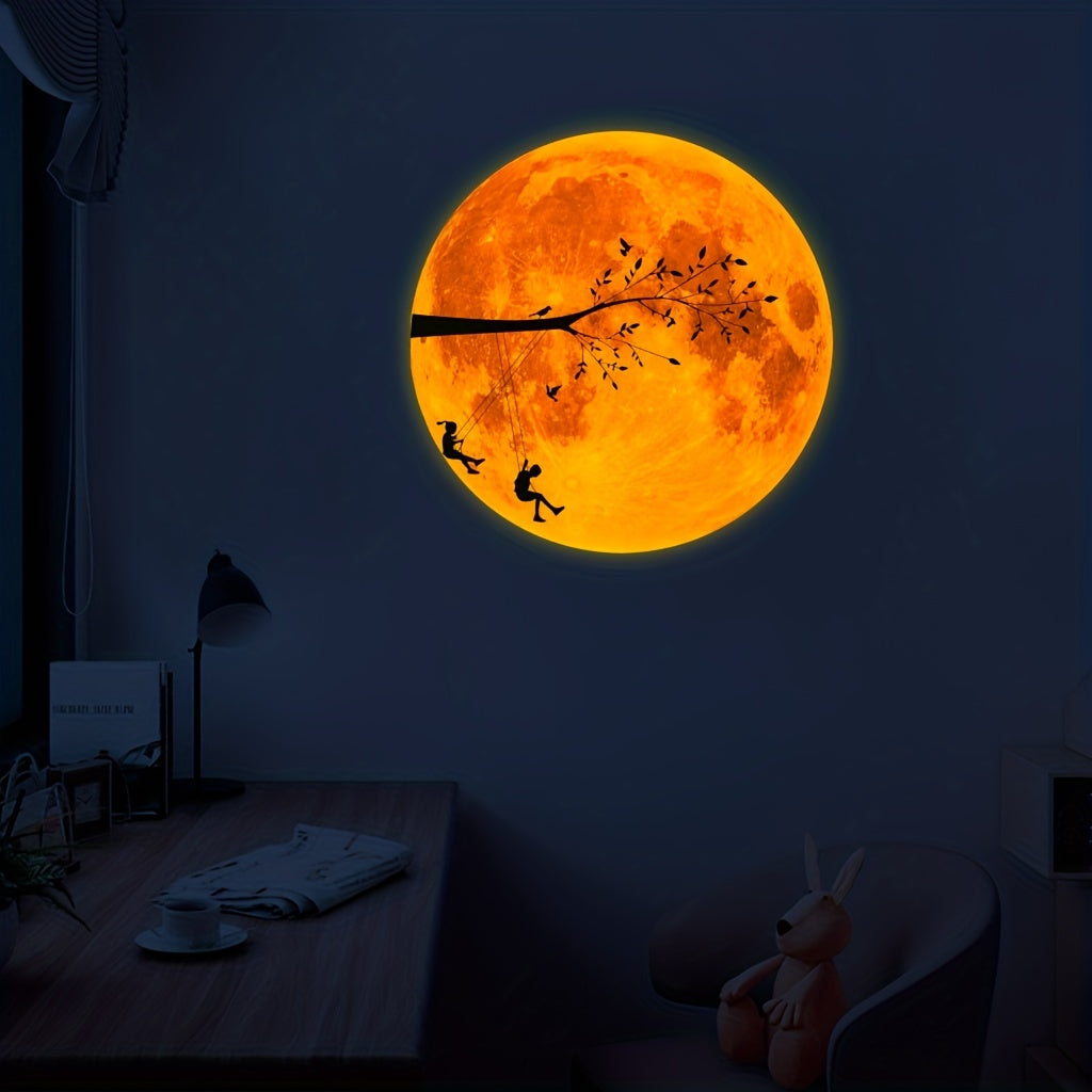 Glow-in-the-Dark Pink Moon & Branch Swing Wall Decal - Cartoon Fantasy PVC Sticker for Youngsters's Bedroom, Living Space, and Early Learning Center