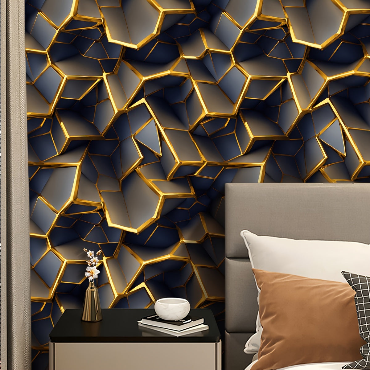 Vintage 3D Brick Wall Decal: Black and Golden Irregular Geometric Design - DIY, Waterproof, Easy to Clean, Suitable for Kitchen, Cabinets, Tables, Chairs, Room Backgrounds, and Refinishing - Self-Adhesive Wallpaper