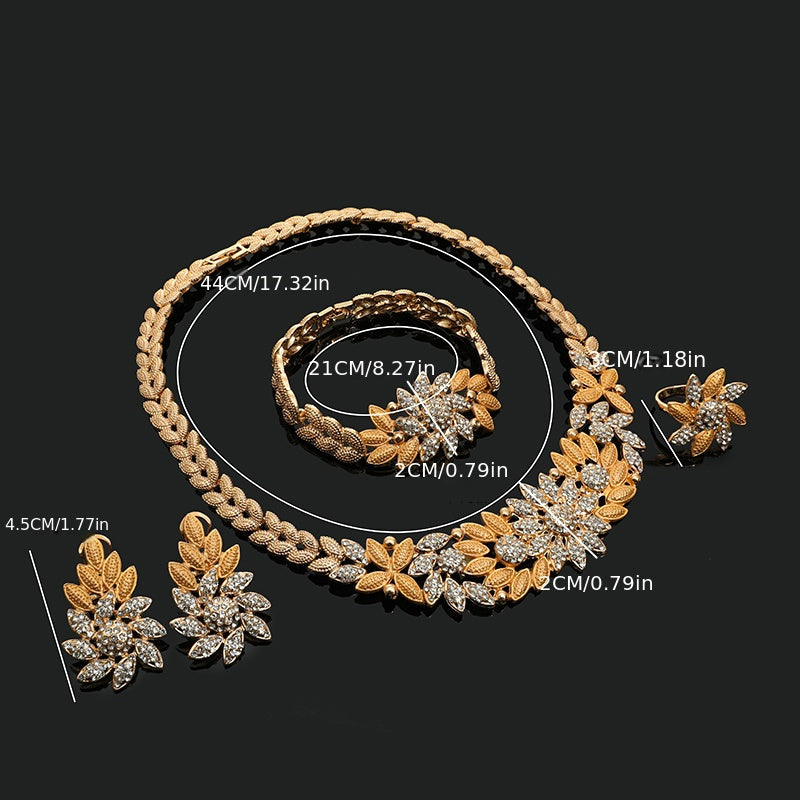 Elegant 5pcs Golden-Tone Jewelry Set for Women - Includes Necklace, Bracelet, Earrings, Ring with Sparkling Rhinestones - Perfect for Weddings & Special Occasions