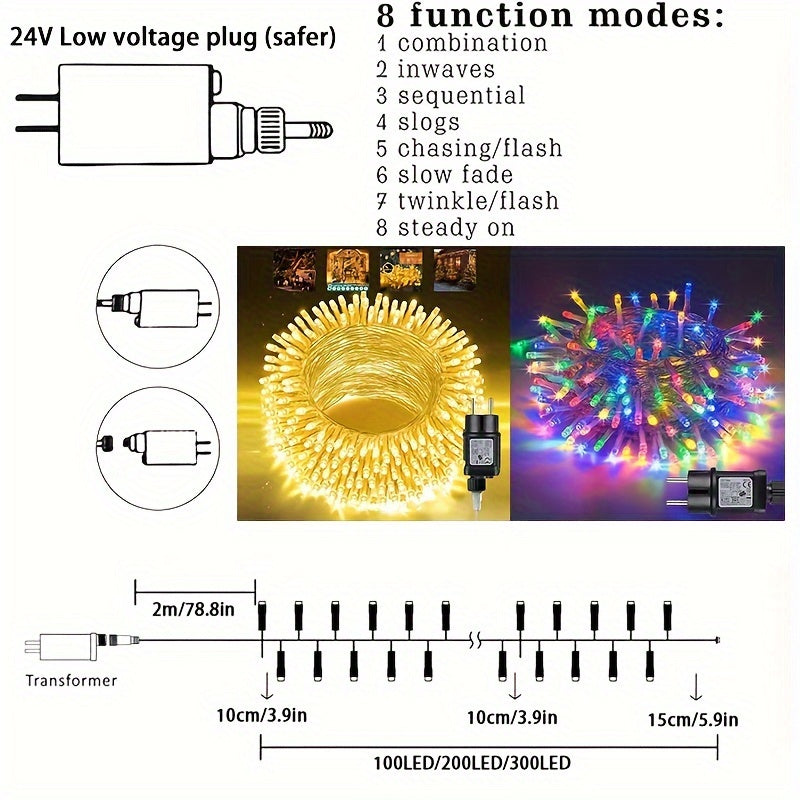 [Popular Choice] Upgraded Christmas Tree Lights, 32.0/21.95/12.19meter, 300/200/100 LED, 8 Modes, Outdoor/Indoor Fairy String Lights for Holiday Party, Garden, and Room Decoration - Warm White/Multicolor, Christmas Lights, Christmas Decor