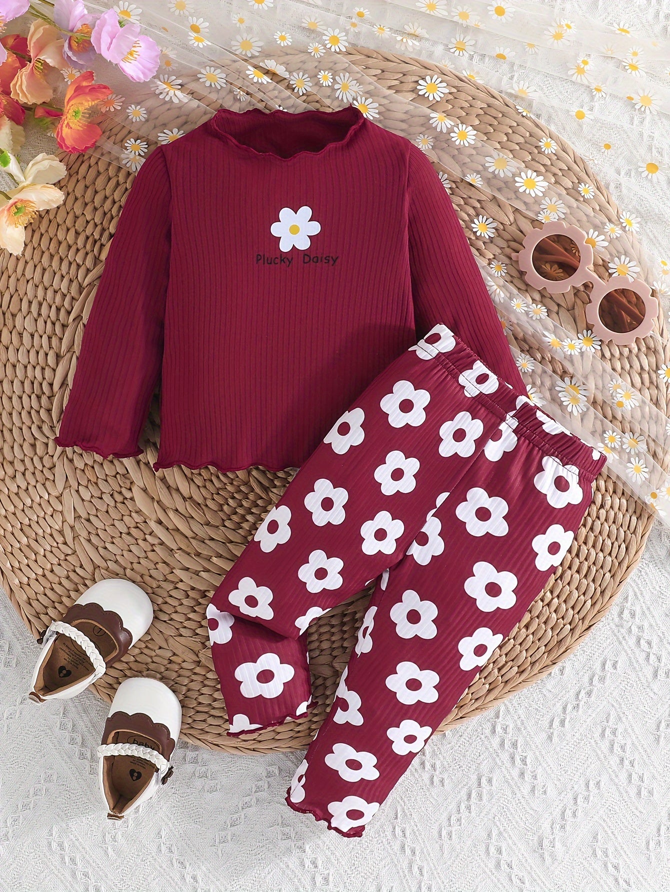 2-piece Baby's Flower Print Ribbed Long Sleeve Top + Casual Pants, Toddler & Infant Girl's Clothing Set Outdoor