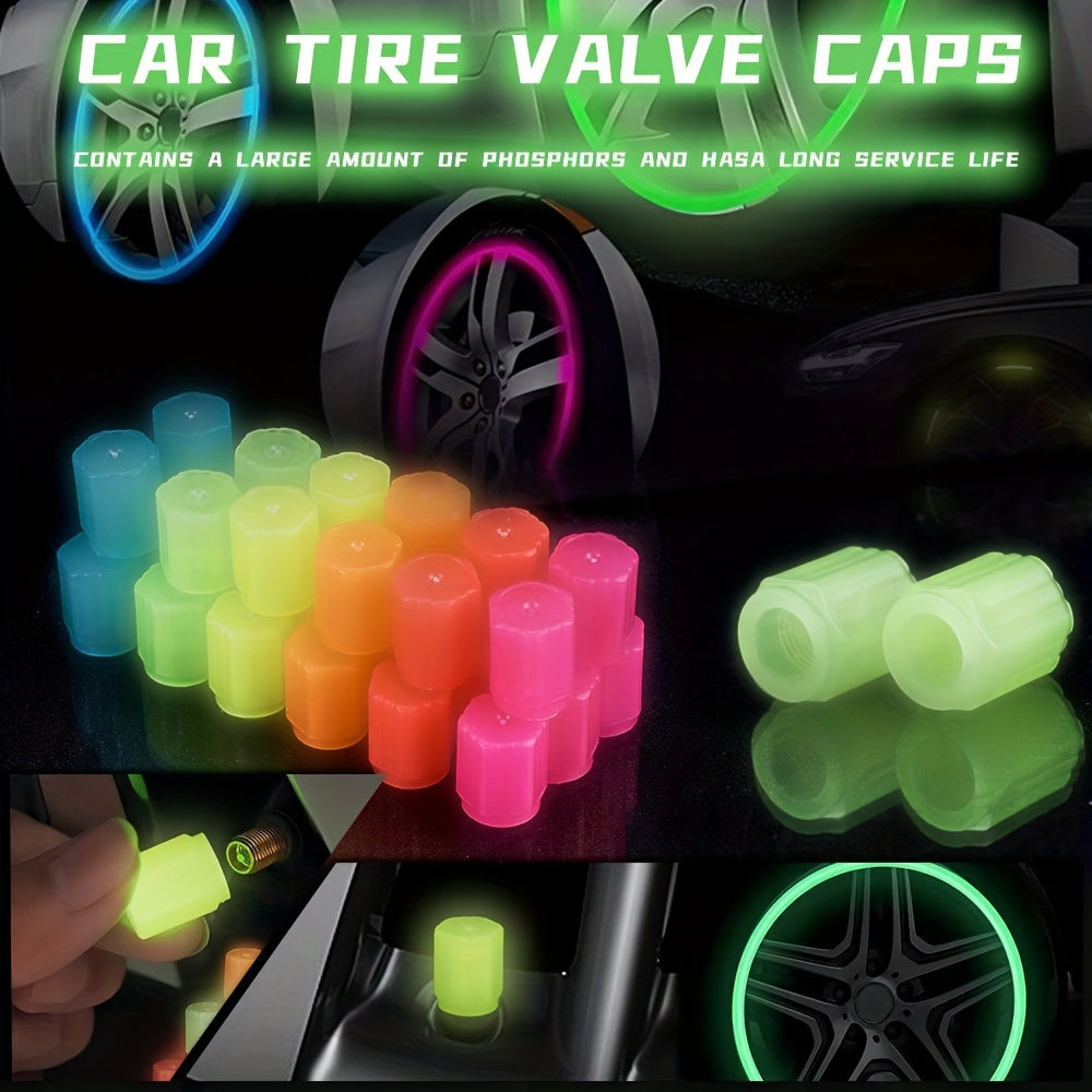 4pcs Fluorescent Car Tire Valve Stem Caps, Waterproof Glow-in-the-Dark PVC, Universal Fit, Assorted Colors, for Night Visibility and Protection