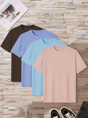 4 Pcs Of Men's Simple Style Casual Solid Color Tees, Comfy Short Sleeve Crew Neck T-shirt Home Pajamas Top Men's Summer Outdoor Clothing