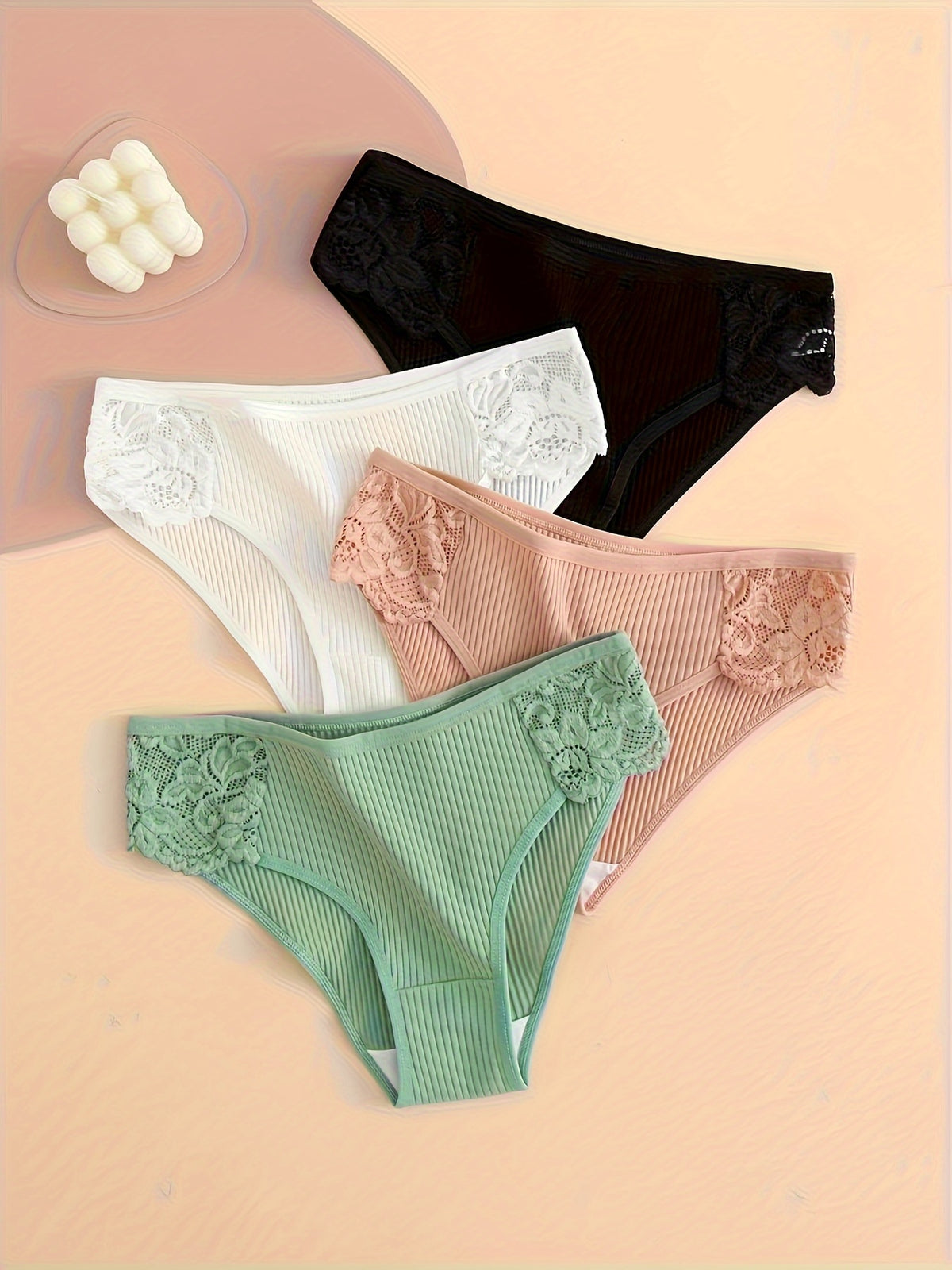 4pcs Contrast Lace Briefs, Comfy & Breathable Ribbed Stretchy Panties, Women's Lingerie & Underwear