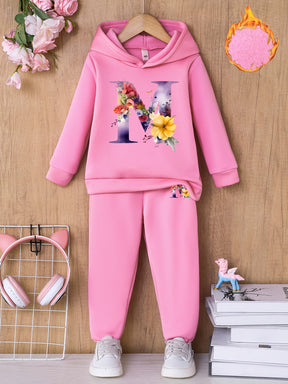 1 Set Kids' Alphabet Print Hoodie and Sweatpants Outfit - 100% Polyester Casual Fall/Winter Wear, Slight Stretch Raglan Long Sleeve Top with Floral Letter & Matching Long Pants, Loose Fit Knit Fabric for Children Under 12 - Ideal for Outdoor Activities