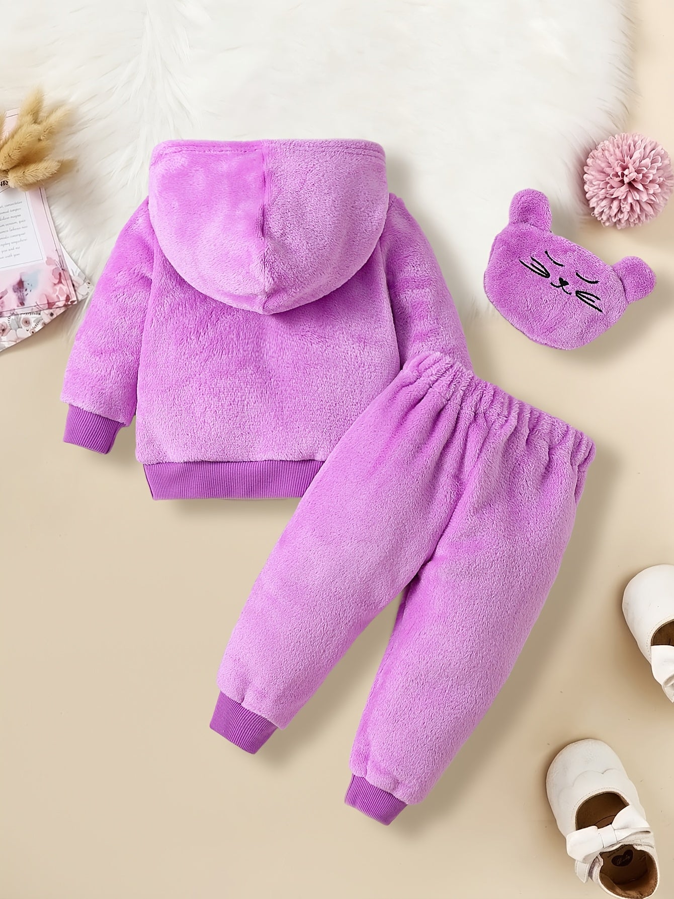 2-piece Baby's LOVE Embroidery Warm Fuzzy Hoodie + Cute Bear Bag + Casual Pants, Toddler & Infant Girl's Outdoor Clothing Set For Fall Winter