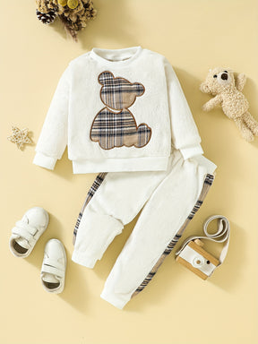 Baby Boys And Girls Long Sleeve Cartoon Stripe Bear Pattern Double-sided Flannel Sweatshirt + Trousers 2pcs Set For Autumn And Winter Outdoor Wear