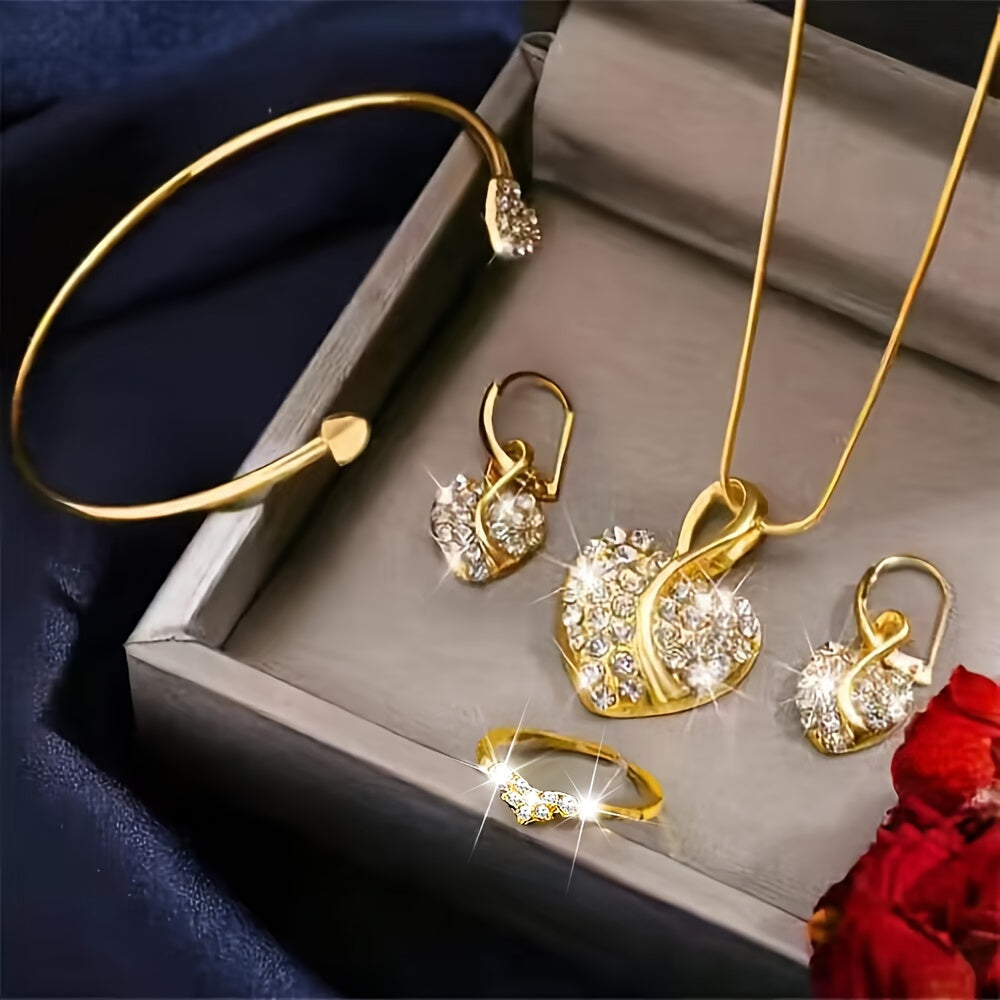 5pcs Women's Luxurious Heart-Shaped Jewelry Set, Golden Necklace, Earrings, Bracelet, And Ring With Sparkling Rhinestones