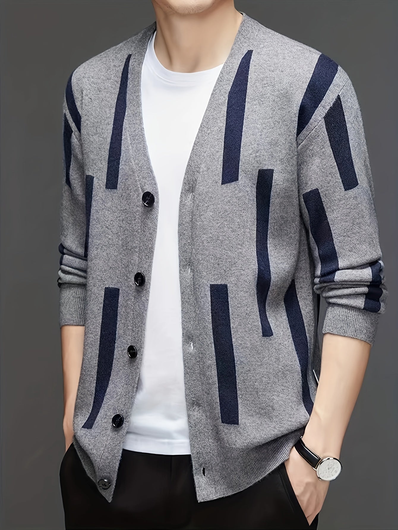 2024 New Cross-border Men's V-neck Open Sweater Knitted Jacquard Sweater