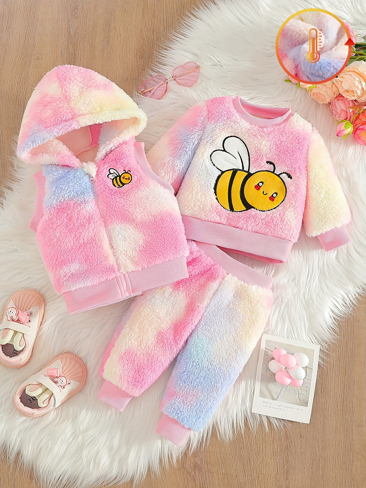 Youngsters's Autumn and Winter Plush Cartoon Little Bee Embroidered Top Colorful Tie-dye Pants Hooded Ribbed Sleeveless Vest 3pcs Set, Perfect for Outdoor