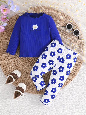 2-piece Baby's Flower Print Ribbed Long Sleeve Top + Casual Pants, Toddler & Infant Girl's Clothing Set Outdoor