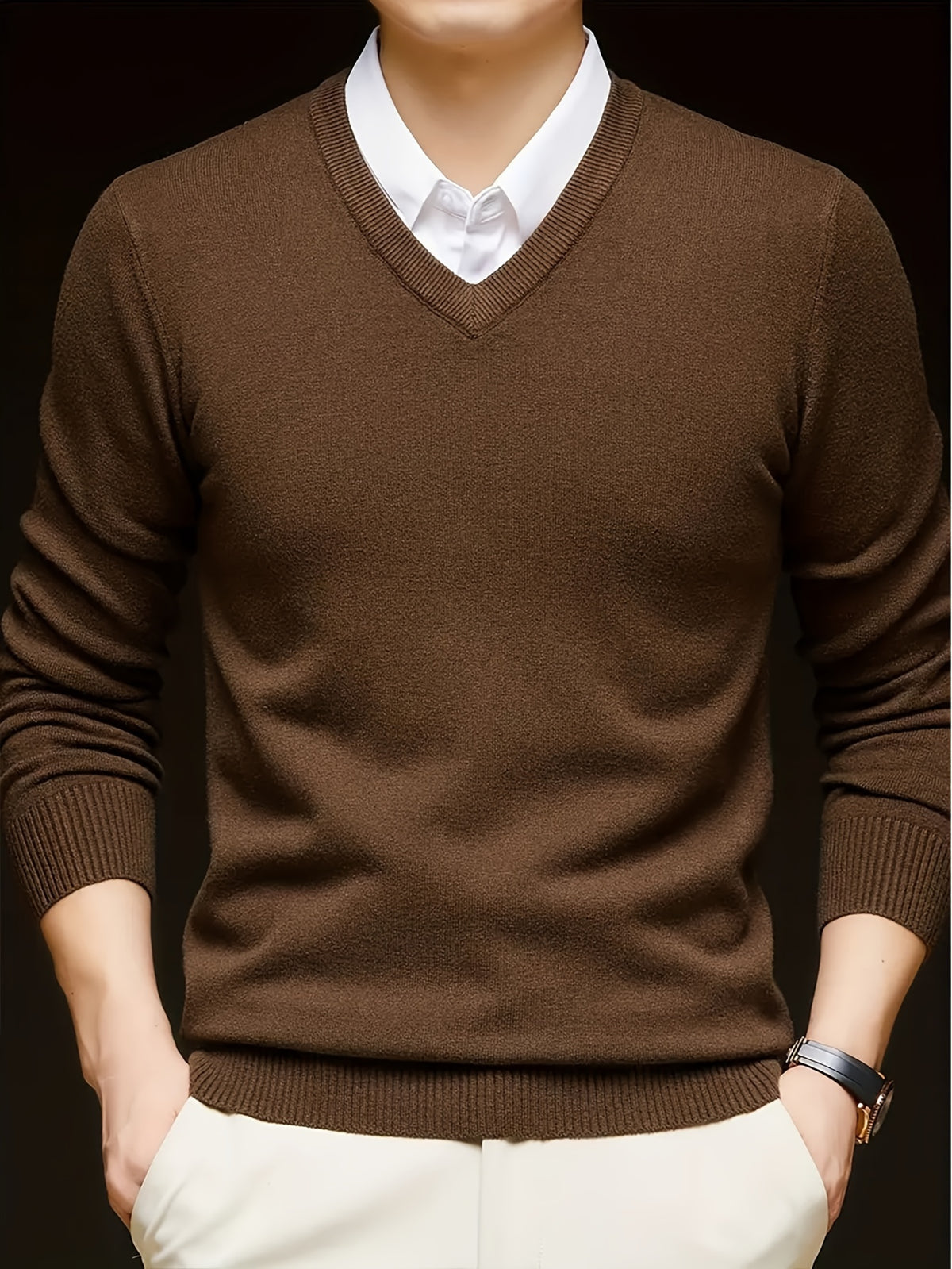 Men'S V-Neck Pullover Sweater, Rayon Blend Knitwear, Solid Color, Long Sleeve, Regular Fit, Stretch Fabric, for Daily & Casual Wear